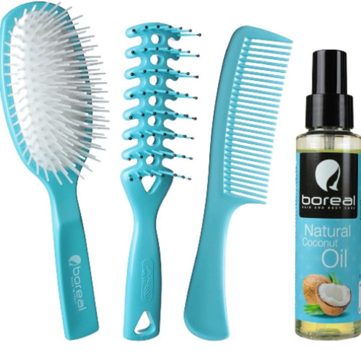 Set de plaja, BOREAL, pentru ingrijirea parului100 ml ulei de cocos, perie pneumatica, perie detanglanta, pieptene, albastru