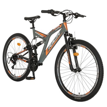 Bicicleta MTB-Full Suspension, Saiguan Revoshift 18 Viteze, Roti 26 Inch, Frane V-Brake, RICH Alpin CSR26/49A, Cadru Gri cu Design Portocaliu Bicicleta MTB-Full Suspension, Saiguan Revoshift 18 Viteze, Roti 26 Inch, Frane V-Brake, RICH Alpin CSR26/49A, Cadru Gri cu Design Portocaliu