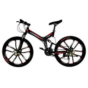 Bicicleta Mountain Bike - KAIMARTE, AP27, 26 inch, genti aluminiu turnate, 10 spite, cadru otel, frane mecanice pe disc fata/spate, full suspansie, pliabila, 21 de viteze, culoare negru-rosu Bicicleta Mountain Bike - KAIMARTE, AP27, 26 inch, genti aluminiu turnate, 10 spite, cadru otel, frane mecanice pe disc fata/spate, full suspansie, pliabila, 21 de viteze, culoare negru-rosu