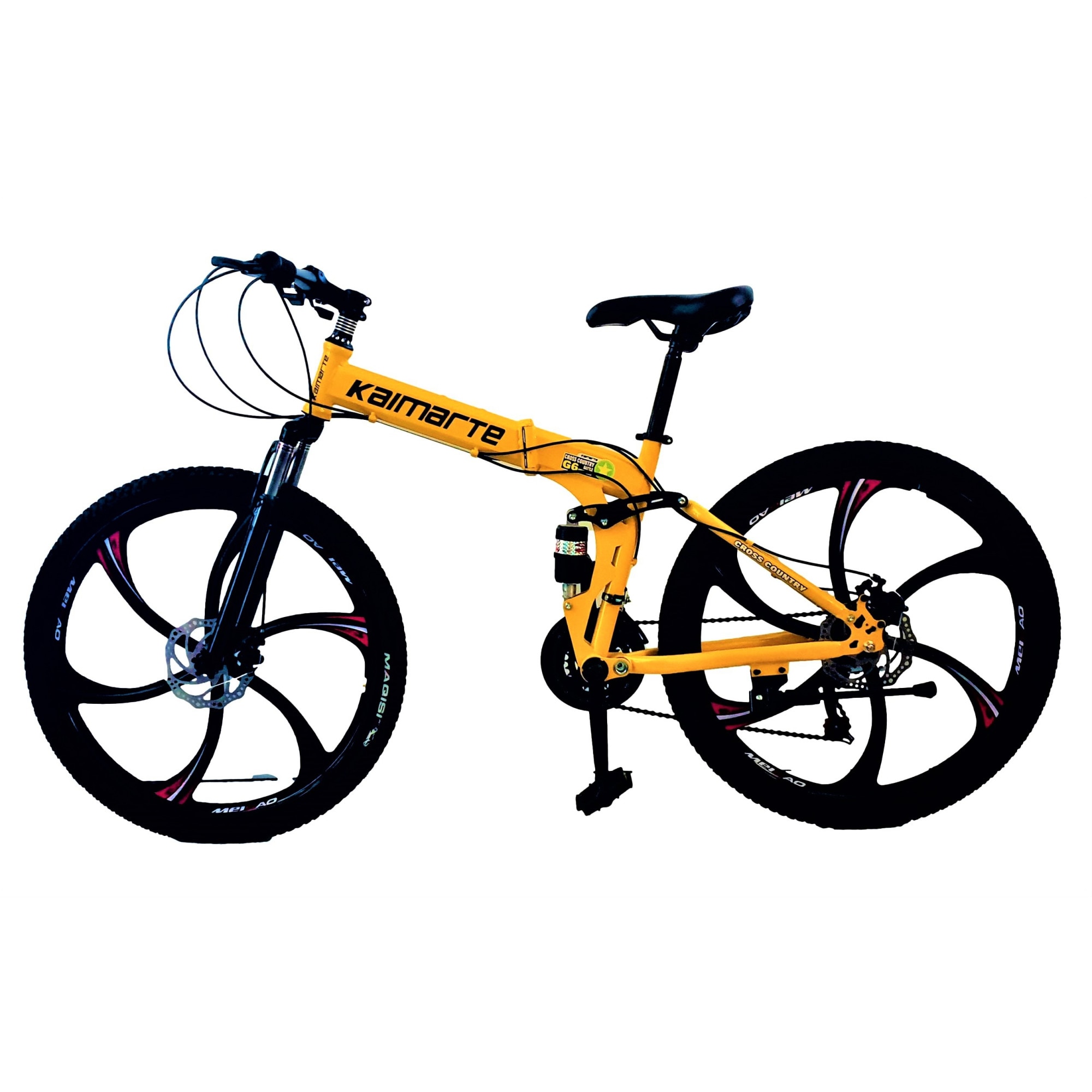 Bicicleta Mountain Bike – KAIMARTE, 26 inch, genti aluminiu 6 cadru otel, frane mecanice pe disc fata/spate, full suspensie, pliabila, 21 de viteze, culoare galben - eMAG.ro
