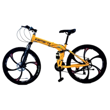 Bicicleta Mountain Bike – KAIMARTE, AP3, 26 inch, genti aluminiu turnate, 6 spite, cadru otel, frane mecanice pe disc fata/spate, full suspensie, pliabila, 21 de viteze, culoare galben Bicicleta Mountain Bike – KAIMARTE, AP3, 26 inch, genti aluminiu turnate, 6 spite, cadru otel, frane mecanice pe disc fata/spate, full suspensie, pliabila, 21 de viteze, culoare galben