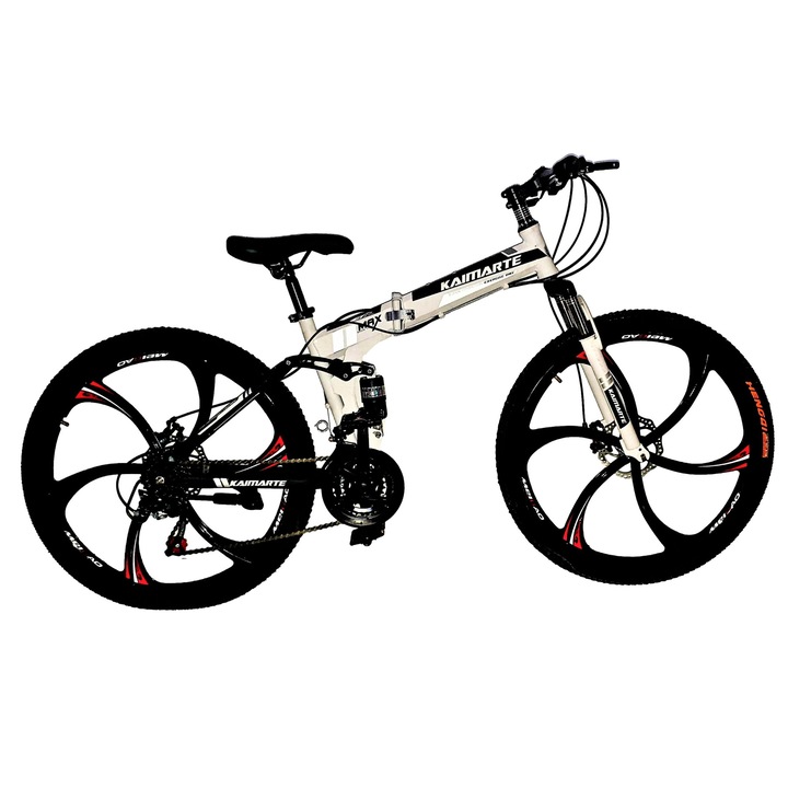 Bicicleta Mountain Bike - KAIMARTE, ISS7, 26 inch, jeante aluminiu turnate, 6 spite, cadru otel, frane mecanice pe disc fata/spate, full suspensie, pliabila, 21 de viteze, culoare alb