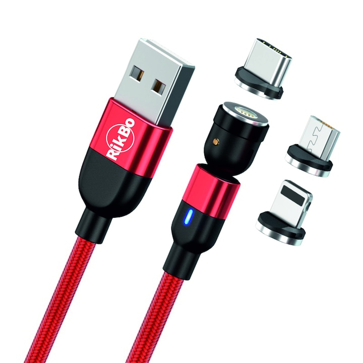 Cablu de incarcare rapida si transfer de date 5pini, 3A magnetic RiKbo® 3 in 1 Tip Lightning, Type-C, micro-USB pentru Android, rotatie 540 grade, Lungime 1 metru Rosu