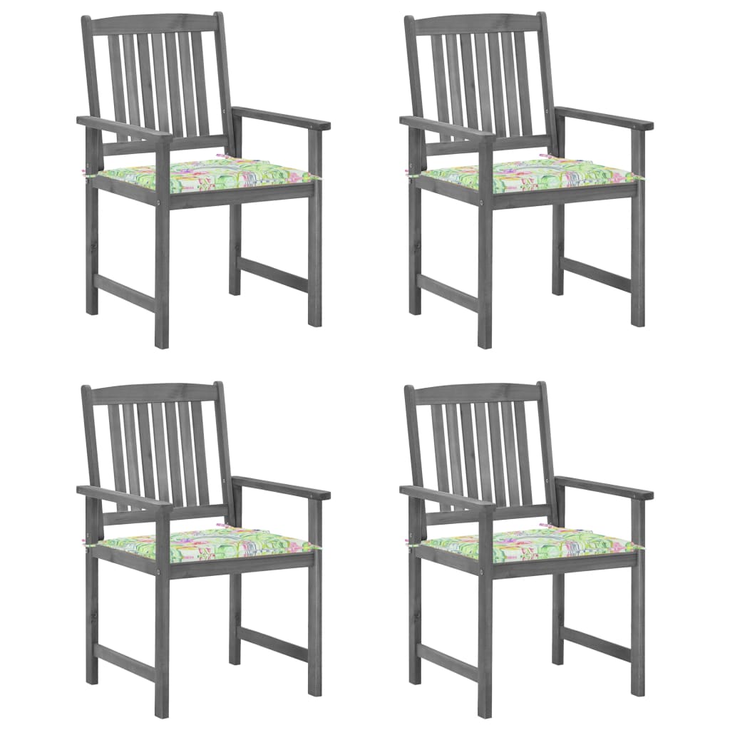 Set de 4 scaune de gradina, tip scaun regizor, cu perne, vidaXL, Lemn de acacia-Poliester, 61 x 57 x 92 cm, 4 cm, Gri/Multicolor, model exotic