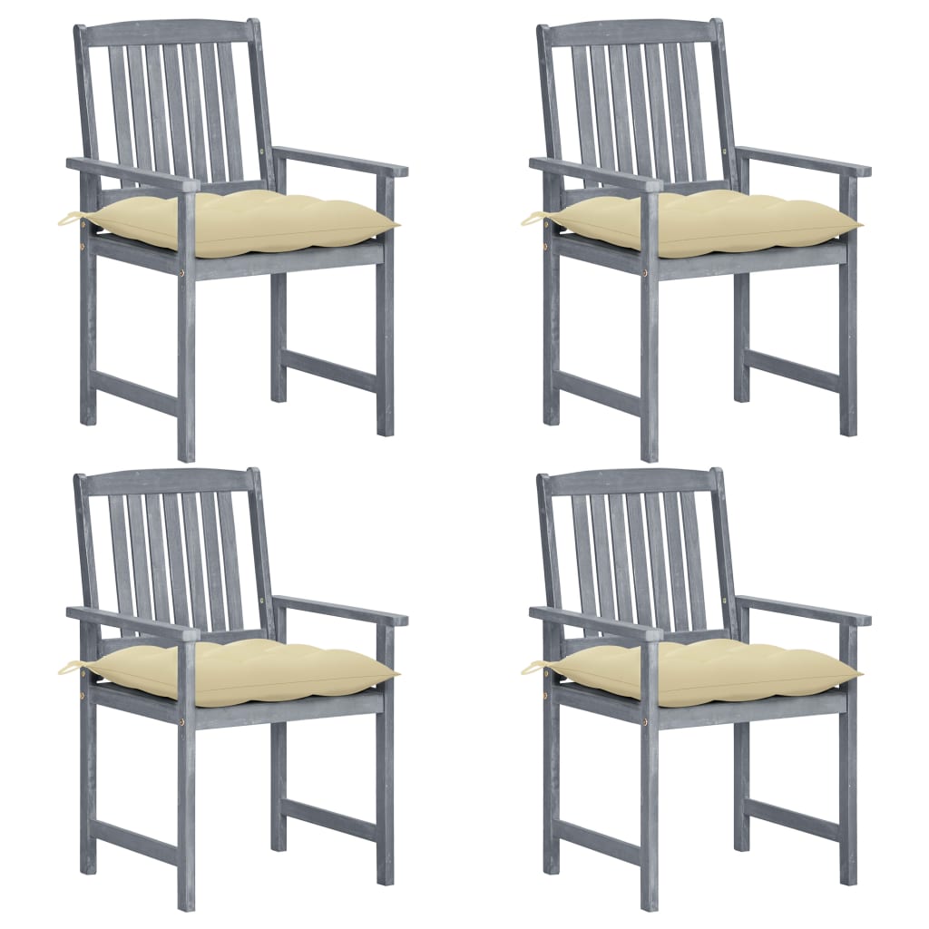 Set de 4 scaune de gradina, tip scaun regizor, cu perne, vidaXL, Lemn de acacia-Poliester, 57 x 60 x 92 cm, Gri/Crem