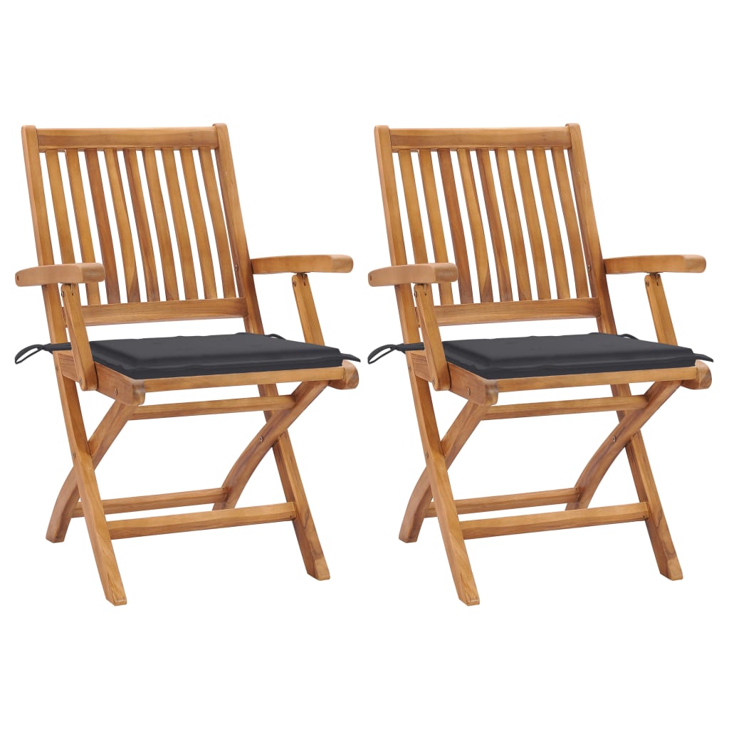 Set de 2 scaune de gradina, cu brate si perne sezut, piabile, vidaXL, Lemn de tec, 56 x 58 x 88 cm, 4 cm, Gri antracit/Maro