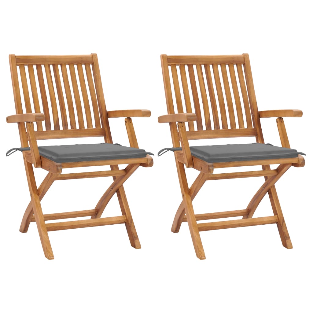 Set de 2 scaune de gradina, cu brate si perne sezut, piabile, vidaXL, Lemn de tec, 56 x 58 x 88 cm, 4 cm, Gri deschis/Maro
