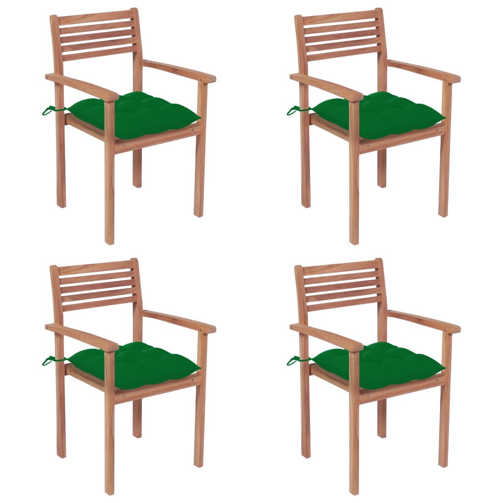 Set de 4 scaune de exterior, tip fotoliu, vidaXL, Lemn masiv de tec-Poliester, 56 x 51 x 90 cm, 7 cm, Verde/Maro