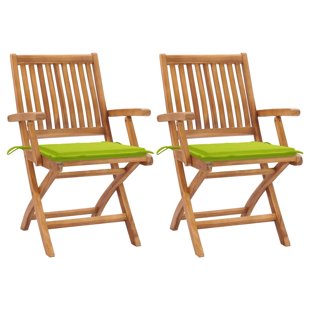 Set de 2 scaune de gradina, cu brate si perne sezut, piabile, vidaXL, Lemn de tec, 56 x 58 x 88 cm, 4 cm, Verde aprins/Maro