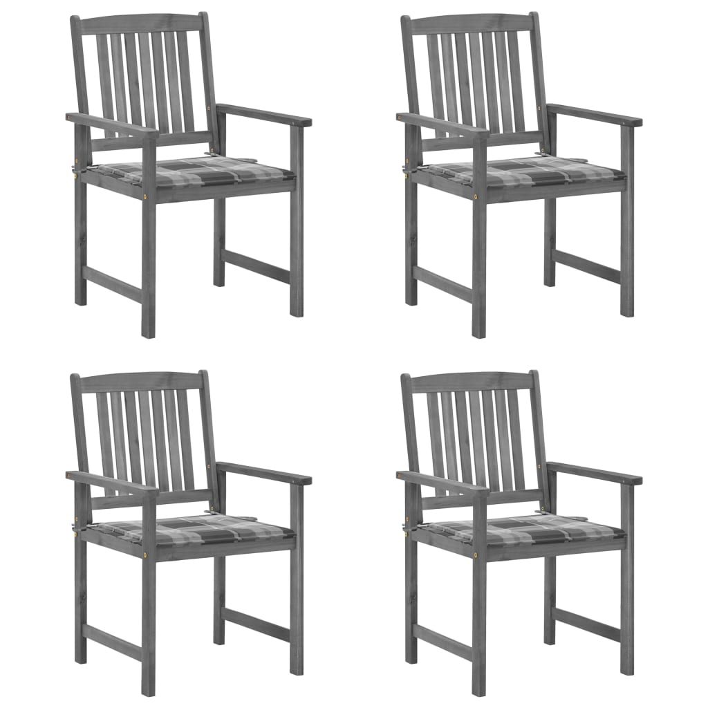 Set de 4 scaune de gradina, tip scaun regizor, cu perne, vidaXL, Lemn de acacia-Poliester, 61 x 57 x 92 cm, 4 cm, Gri carouri