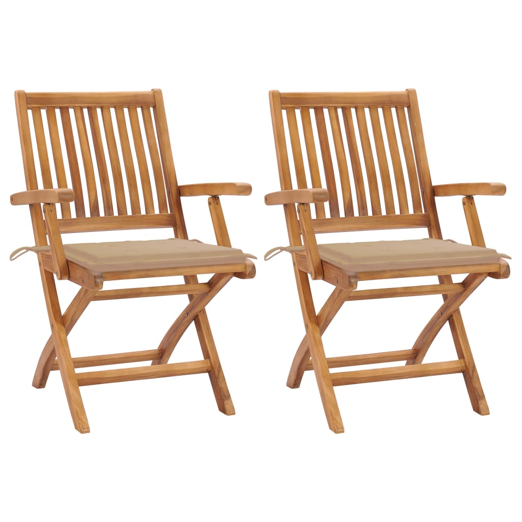 Set de 2 scaune de gradina, cu brate si perne sezut, piabile, vidaXL, Lemn de tec, 56 x 58 x 88 cm, 4 cm, Bej/Maro