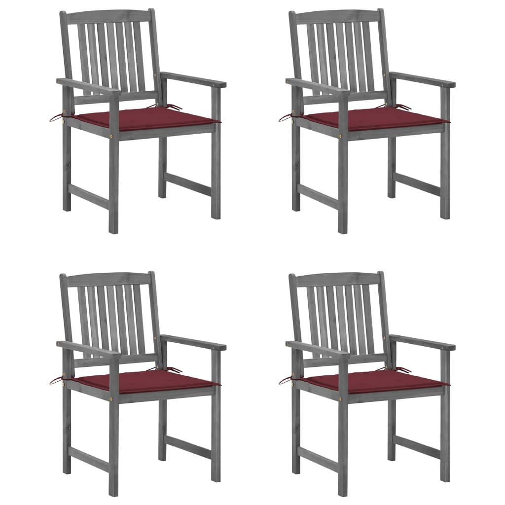 Set de 4 scaune de gradina, tip scaun regizor, cu perne, vidaXL, Lemn de acacia-Poliester, 61 x 57 x 92 cm, 4 cm, Gri/Rosu vin