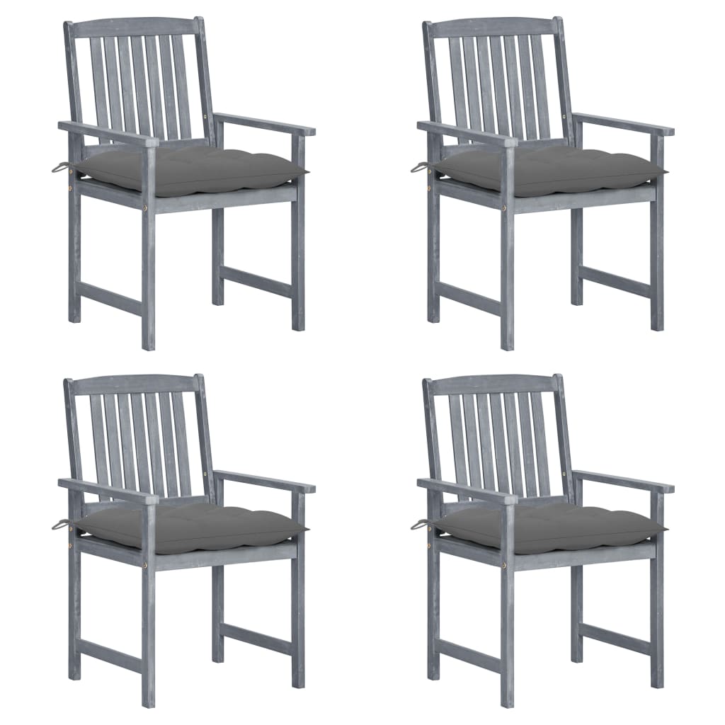 Set de 4 scaune de gradina, tip scaun regizor, cu perne, vidaXL, Lemn de acacia-Poliester, 57 x 60 x 92 cm, Gri