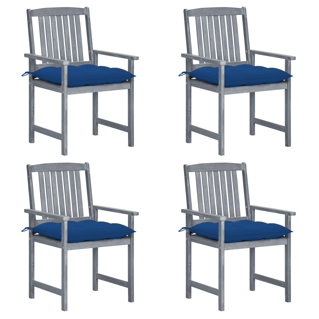 Set de 4 scaune de gradina, tip scaun regizor, cu perne, vidaXL, Lemn de acacia-Poliester, 57 x 60 x 92 cm, Gri/Albastru