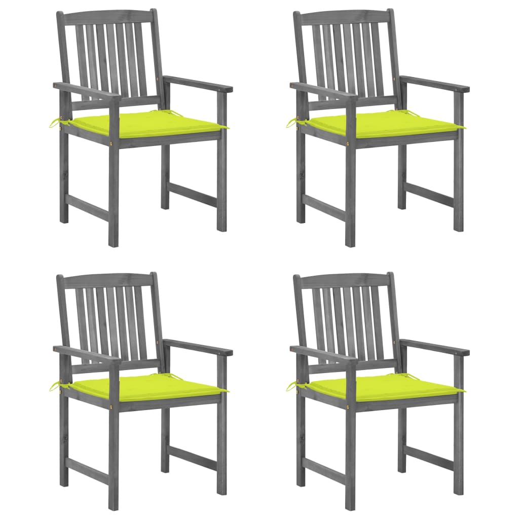 Set de 4 scaune de gradina, tip scaun regizor, cu perne, vidaXL, Lemn de acacia-Poliester, 61 x 57 x 92 cm, 4 cm, Gri/Verde aprins