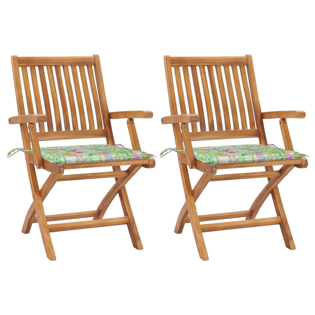 Set de 2 scaune de gradina, cu brate si perne sezut, piabile, vidaXL, Lemn de tec, 56 x 58 x 88 cm, Multicolor, model exotic/Maro