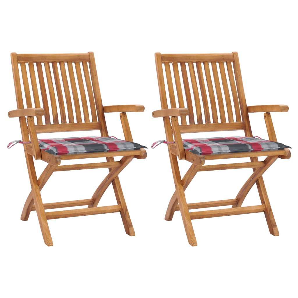 Set de 2 scaune de gradina, cu brate si perne sezut, piabile, vidaXL, Lemn de tec, 56 x 58 x 88 cm, Gri/Rosu carouri/Maro
