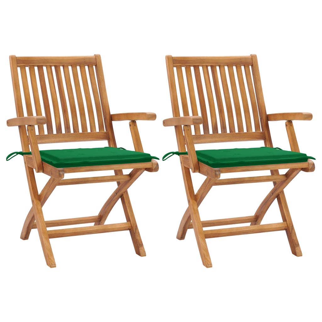 Set de 2 scaune de gradina, cu brate si perne sezut, piabile, vidaXL, Lemn de tec, 56 x 58 x 88 cm, 4 cm, Verde/Maro