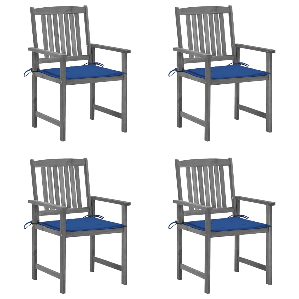 Set de 4 scaune de gradina, tip scaun regizor, cu perne, vidaXL, Lemn de acacia-Poliester, 61 x 57 x 92 cm, 4 cm, Gri/Albastru regal