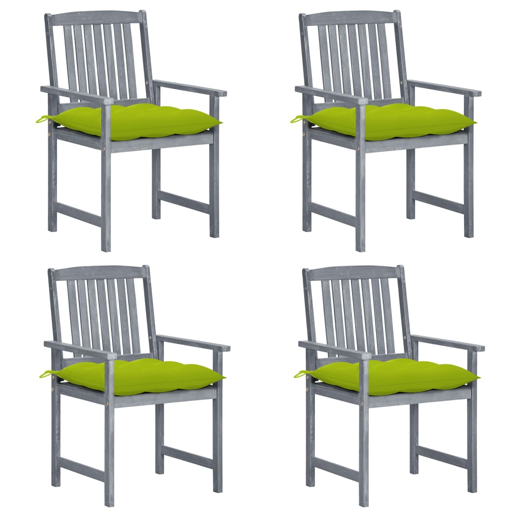 Set de 4 scaune de gradina, tip scaun regizor, cu perne, vidaXL, Lemn de acacia-Poliester, 57 x 60 x 92 cm, Gri/Verde aprins
