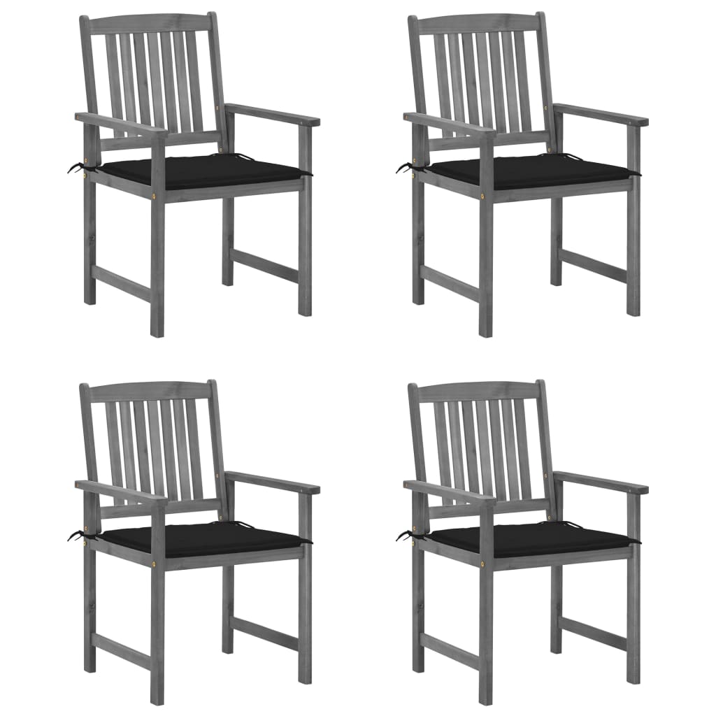 Set de 4 scaune de gradina, tip scaun regizor, cu perne, vidaXL, Lemn de acacia-Poliester, 61 x 57 x 92 cm, 4 cm, Gri/Negru