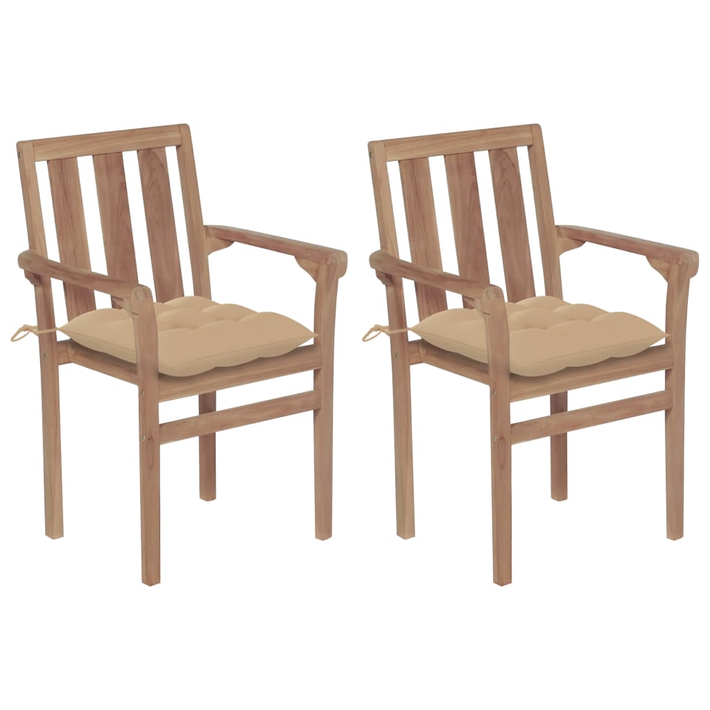 Set de 2 scaune de exterior, tip fotoliu, vidaXL, Lemn masiv de tec-Poliester, 58 x 50 x 89 cm, 7 cm, Bej/Maro