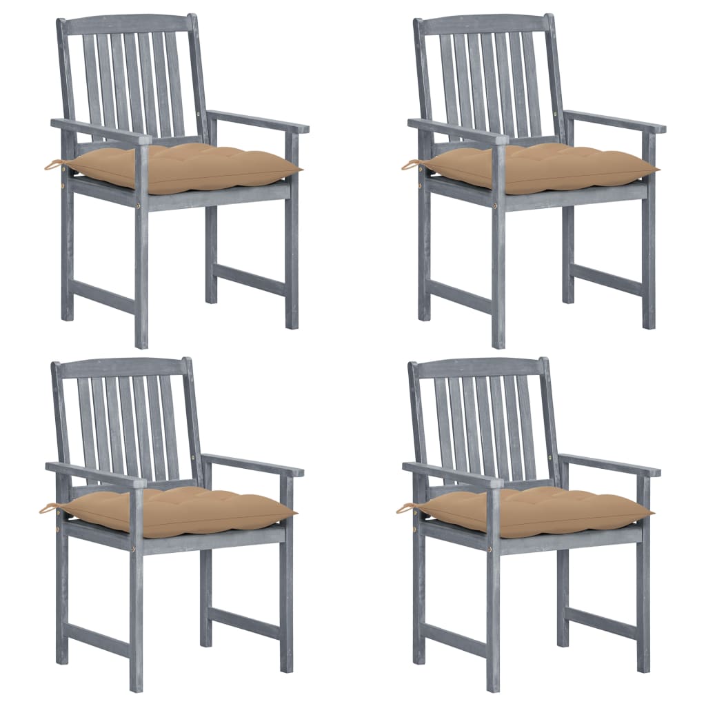 Set de 4 scaune de gradina, tip scaun regizor, cu perne, vidaXL, Lemn de acacia-Poliester, 57 x 60 x 92 cm, Gri/Bej