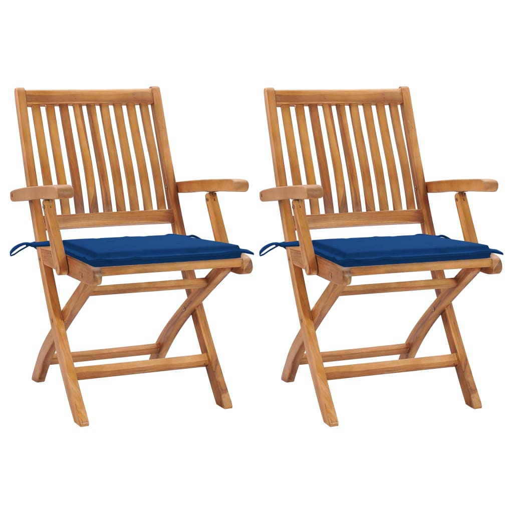 Set de 2 scaune de gradina, cu brate si perne sezut, piabile, vidaXL, Lemn de tec, 56 x 58 x 88 cm, 4 cm, Albastru regal/Maro