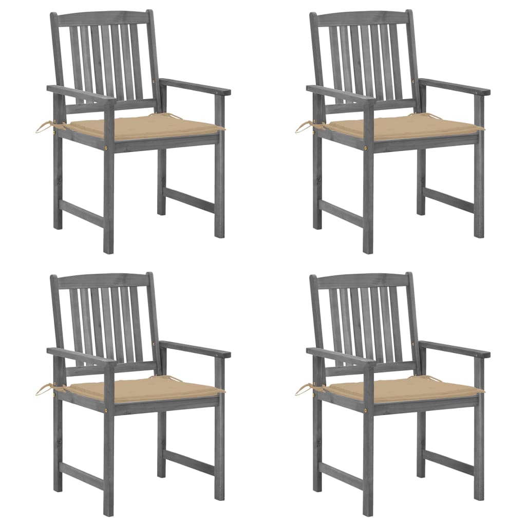 Set de 4 scaune de gradina, tip scaun regizor, cu perne, vidaXL, Lemn de acacia-Poliester, 61 x 57 x 92 cm, 4 cm, Gri/Bej
