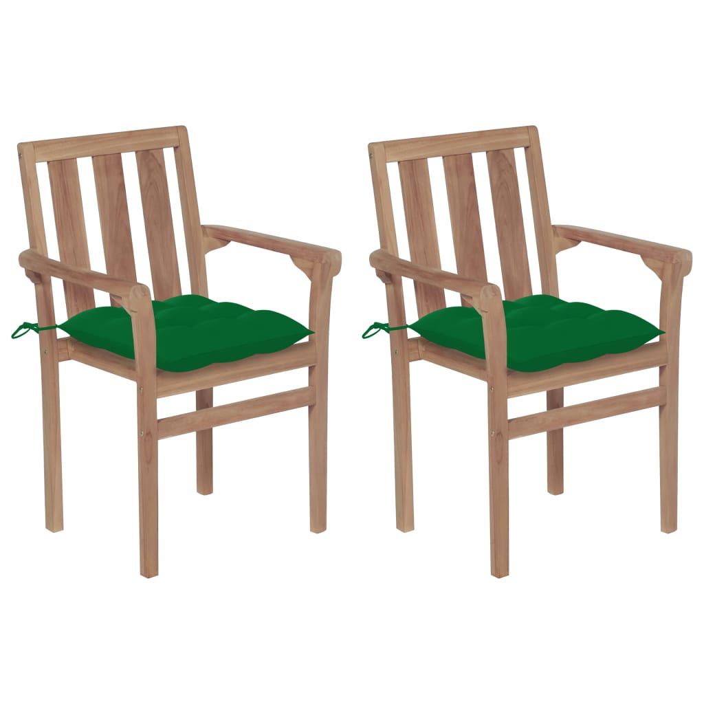 Set de 2 scaune de exterior, tip fotoliu, vidaXL, Lemn masiv de tec-Poliester, 58 x 50 x 89 cm, 7 cm, Verde/Maro