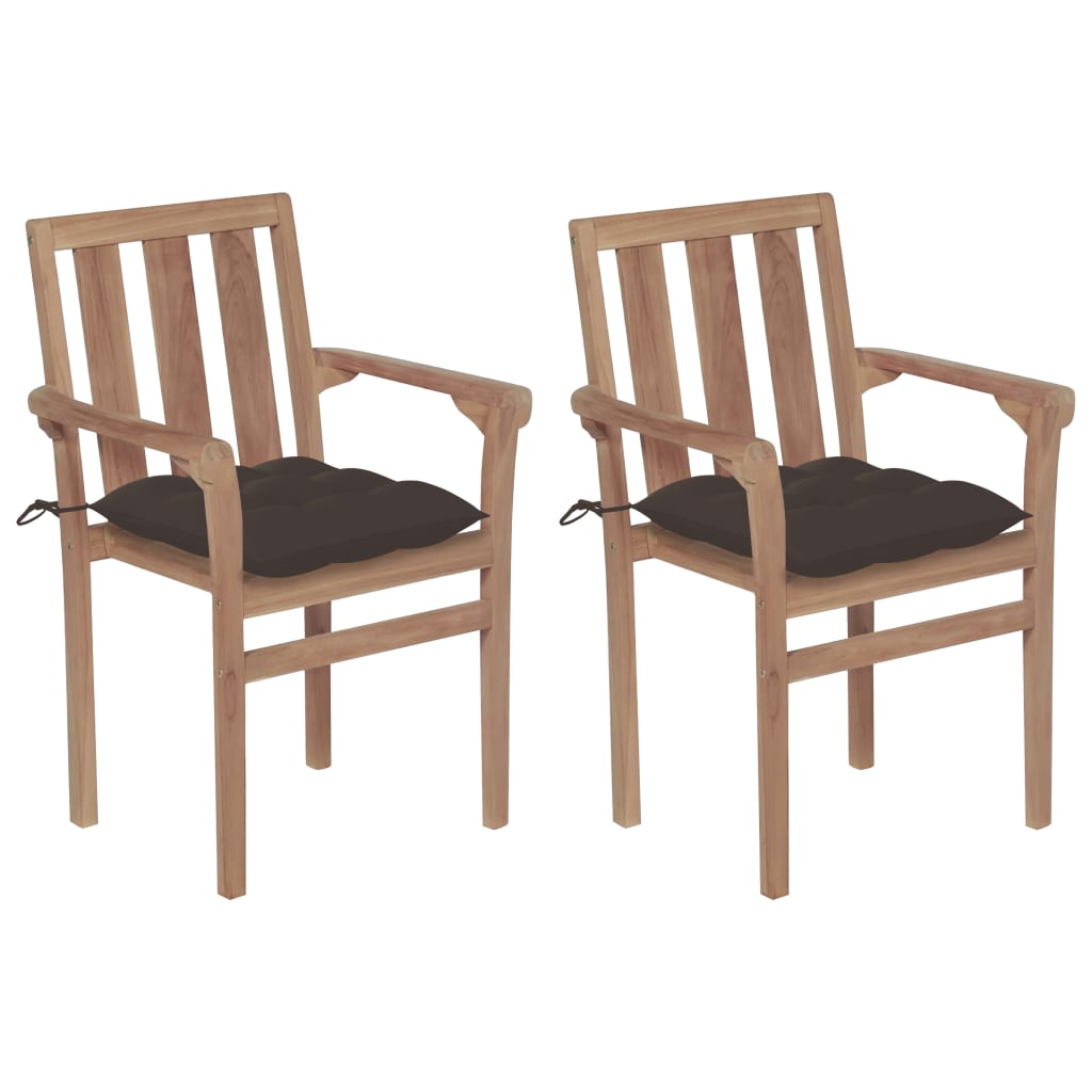 Set de 2 scaune de exterior, tip fotoliu, vidaXL, Lemn masiv de tec-Poliester, 58 x 50 x 89 cm, 7 cm, Gri Taupe/Maro