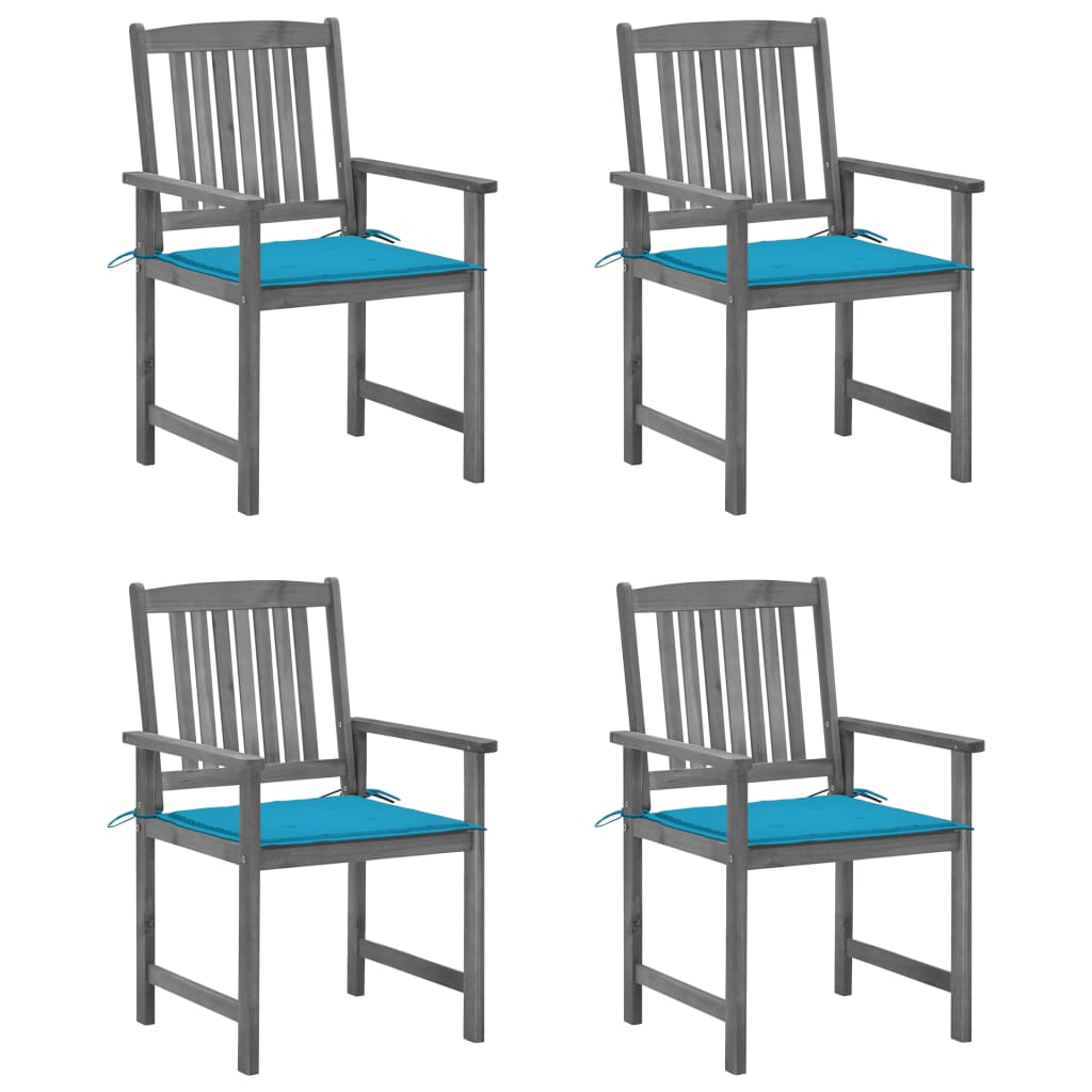 Set de 4 scaune de gradina, tip scaun regizor, cu perne, vidaXL, Lemn de acacia-Poliester, 61 x 57 x 92 cm, 4 cm, Gri/Albastru