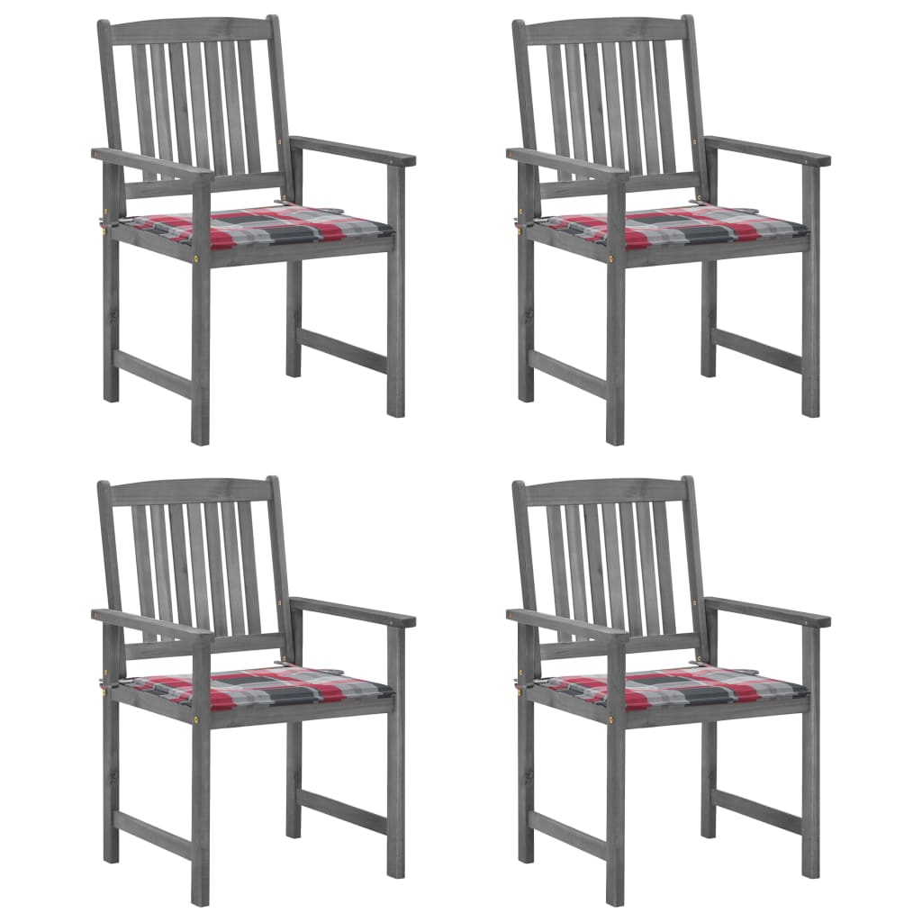 Set de 4 scaune de gradina, tip scaun regizor, cu perne, vidaXL, Lemn de acacia-Poliester, 61 x 57 x 92 cm, 4 cm, Gri/Rosu carouri