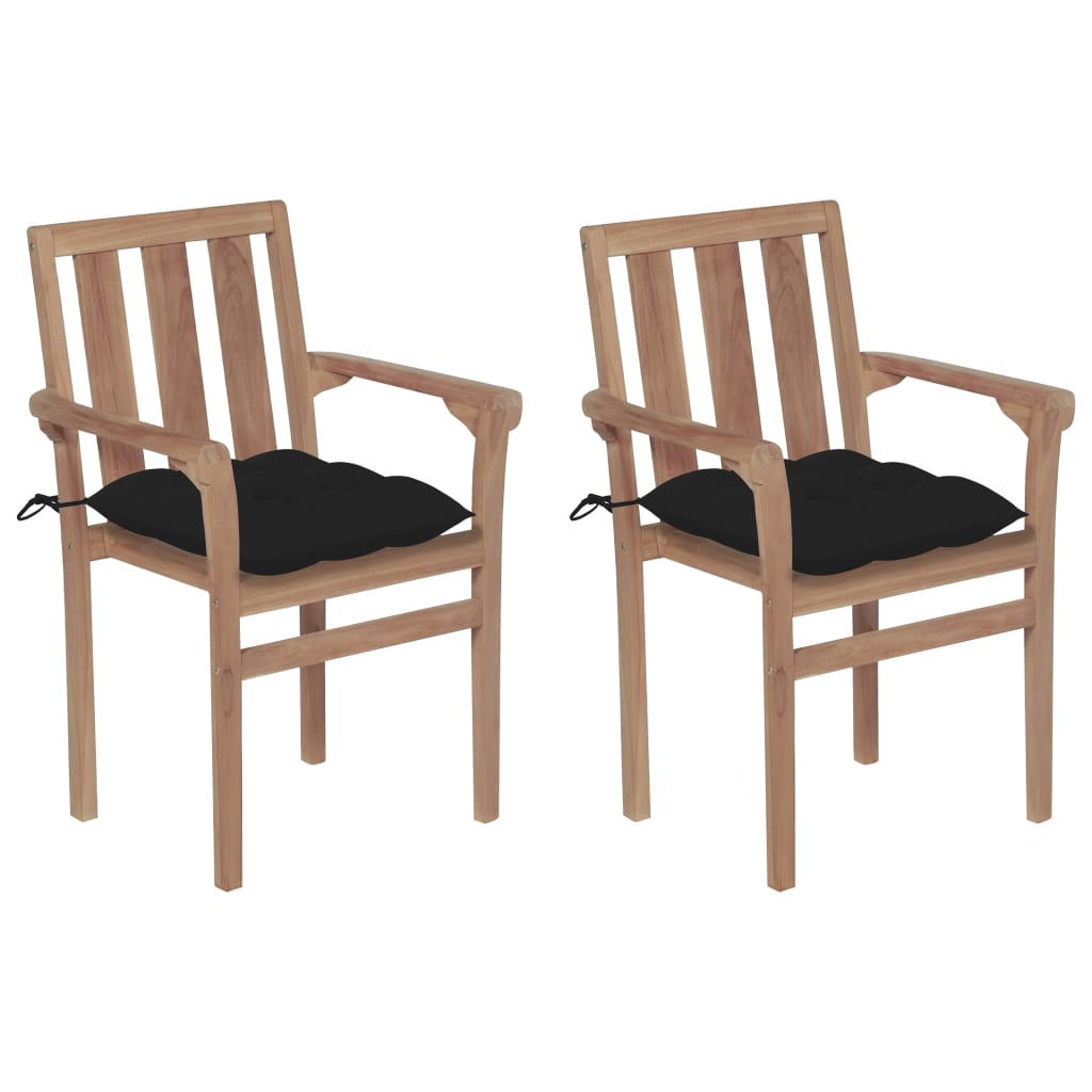 Set de 2 scaune de exterior, tip fotoliu, vidaXL, Lemn masiv de tec-Poliester, 58 x 50 x 89 cm, 7 cm, Negru/Maro