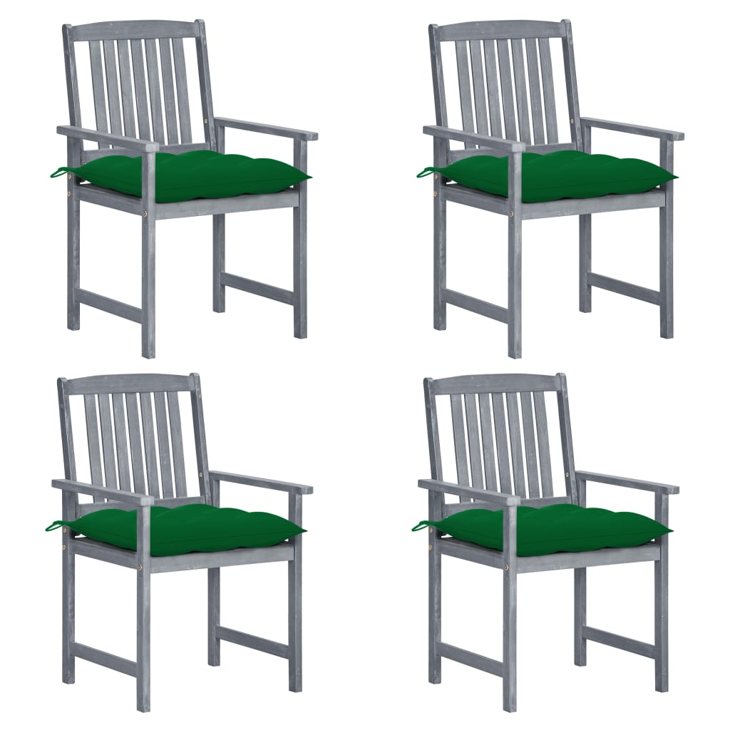 Set de 4 scaune de gradina, tip scaun regizor, cu perne, vidaXL, Lemn de acacia-Poliester, 57 x 60 x 92 cm, Gri/Verde inchis