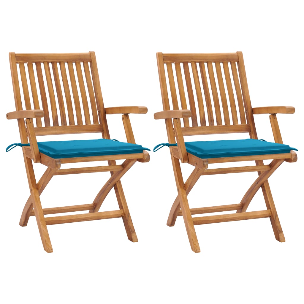 Set de 2 scaune de gradina, cu brate si perne sezut, piabile, vidaXL, Lemn de tec, 56 x 58 x 88 cm, 4 cm, Albastru/Maro