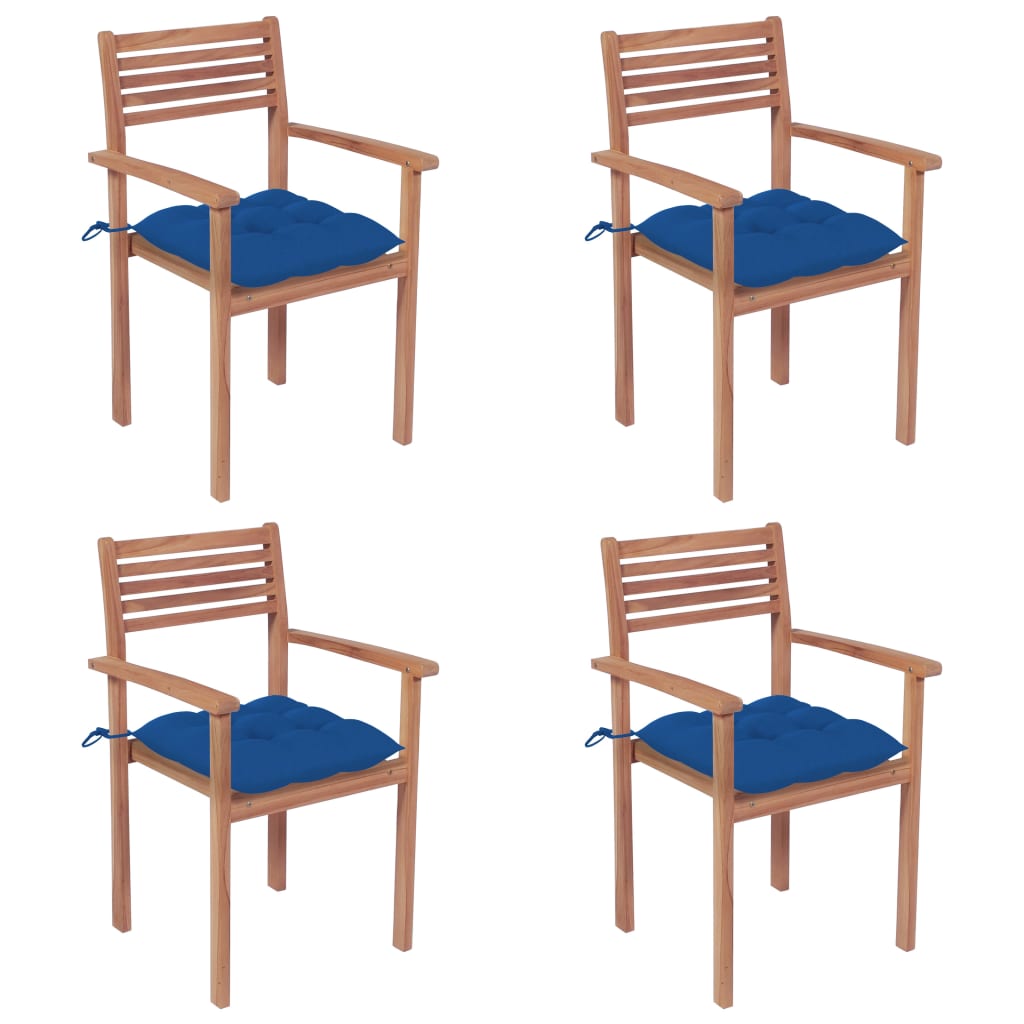 Set de 4 scaune de exterior, tip fotoliu, vidaXL, Lemn masiv de tec-Poliester, 56 x 51 x 90 cm, 7 cm, Albastru/Maro