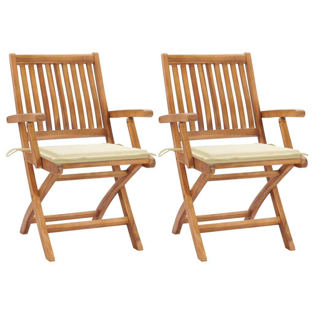 Set de 2 scaune de gradina, cu brate si perne sezut, piabile, vidaXL, Lemn de tec, 56 x 58 x 88 cm, 4 cm, Crem/Maro