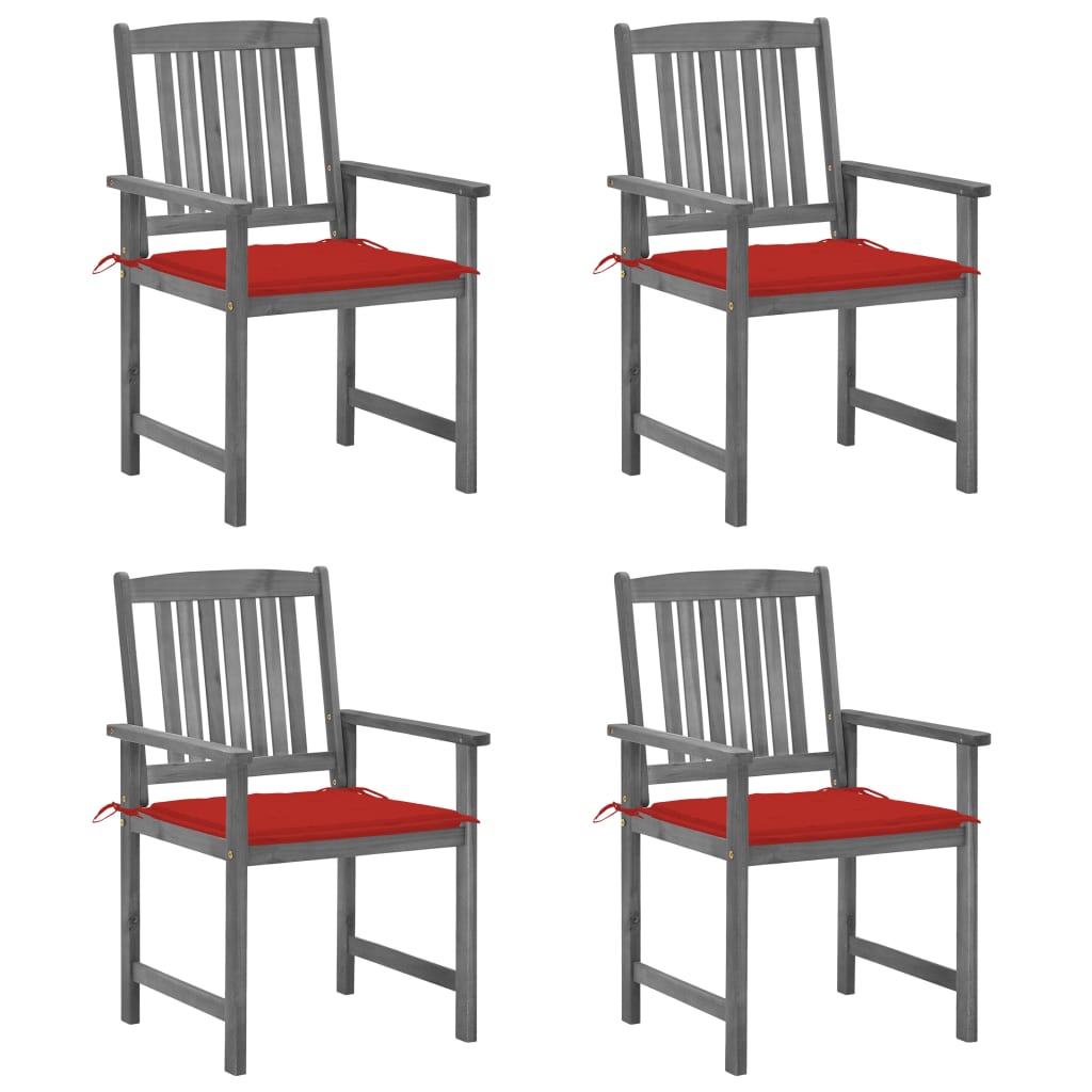 Set de 4 scaune de gradina, tip scaun regizor, cu perne, vidaXL, Lemn de acacia-Poliester, 61 x 57 x 92 cm, 4 cm, Gri/Rosu