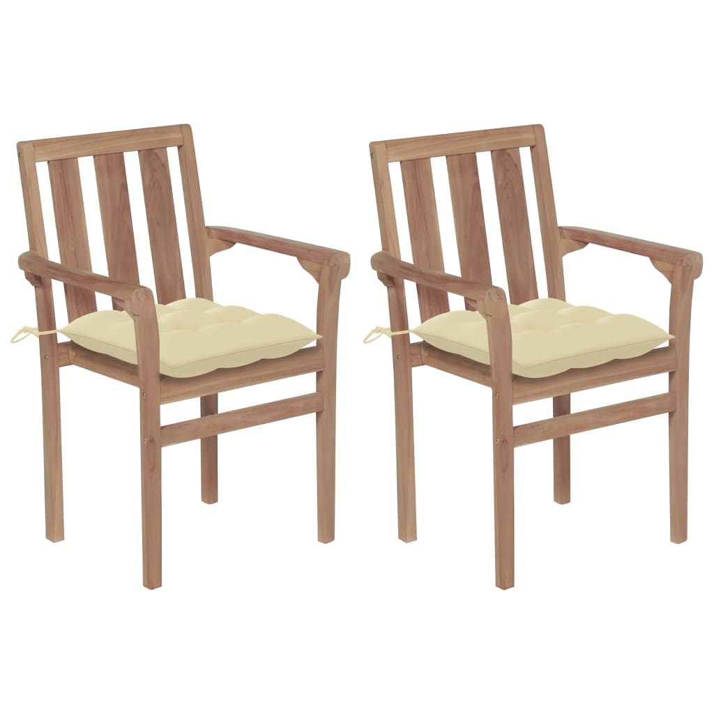 Set de 2 scaune de exterior, tip fotoliu, vidaXL, Lemn masiv de tec-Poliester, 58 x 50 x 89 cm, 7 cm, Crem/Maro