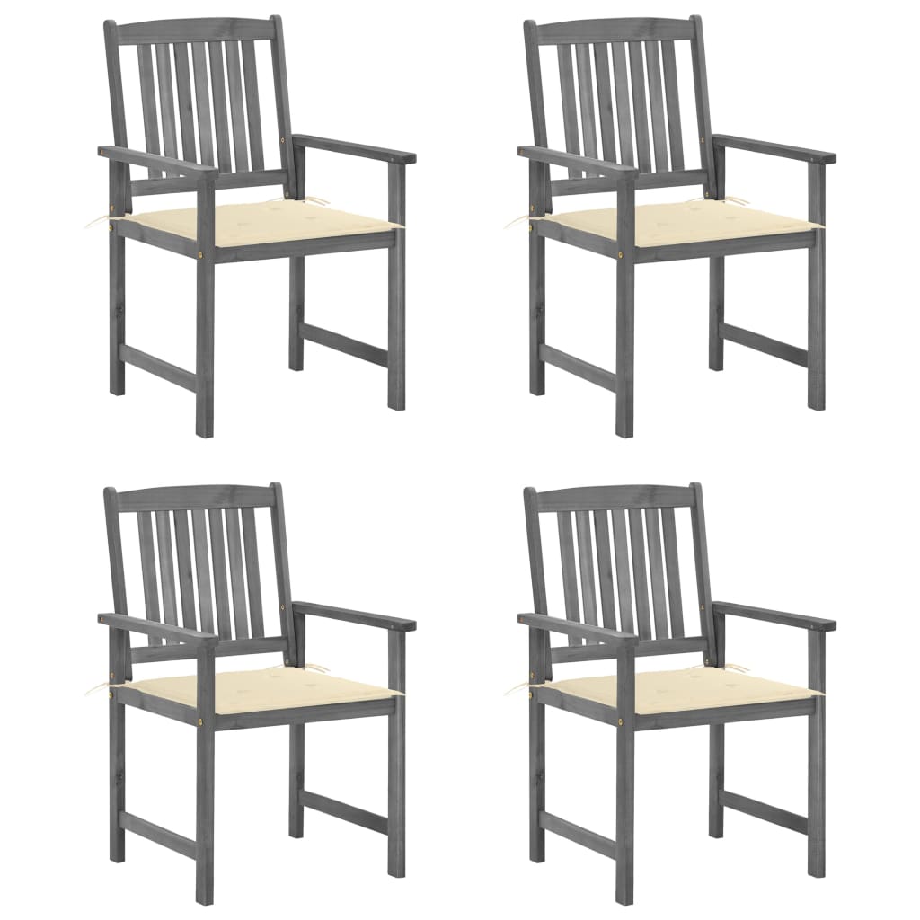 Set de 4 scaune de gradina, tip scaun regizor, cu perne, vidaXL, Lemn de acacia-Poliester, 61 x 57 x 92 cm, 4 cm, Gri/Crem