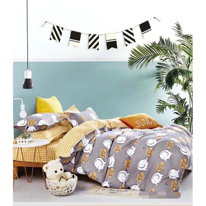 Lenjerie de pat 4 piese , Bumbac , gri cu galben , cu imprimeu