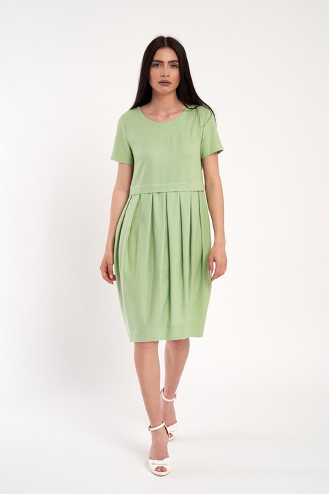 Ленена рокля с пола тип поничка и странични джобове, Зелен