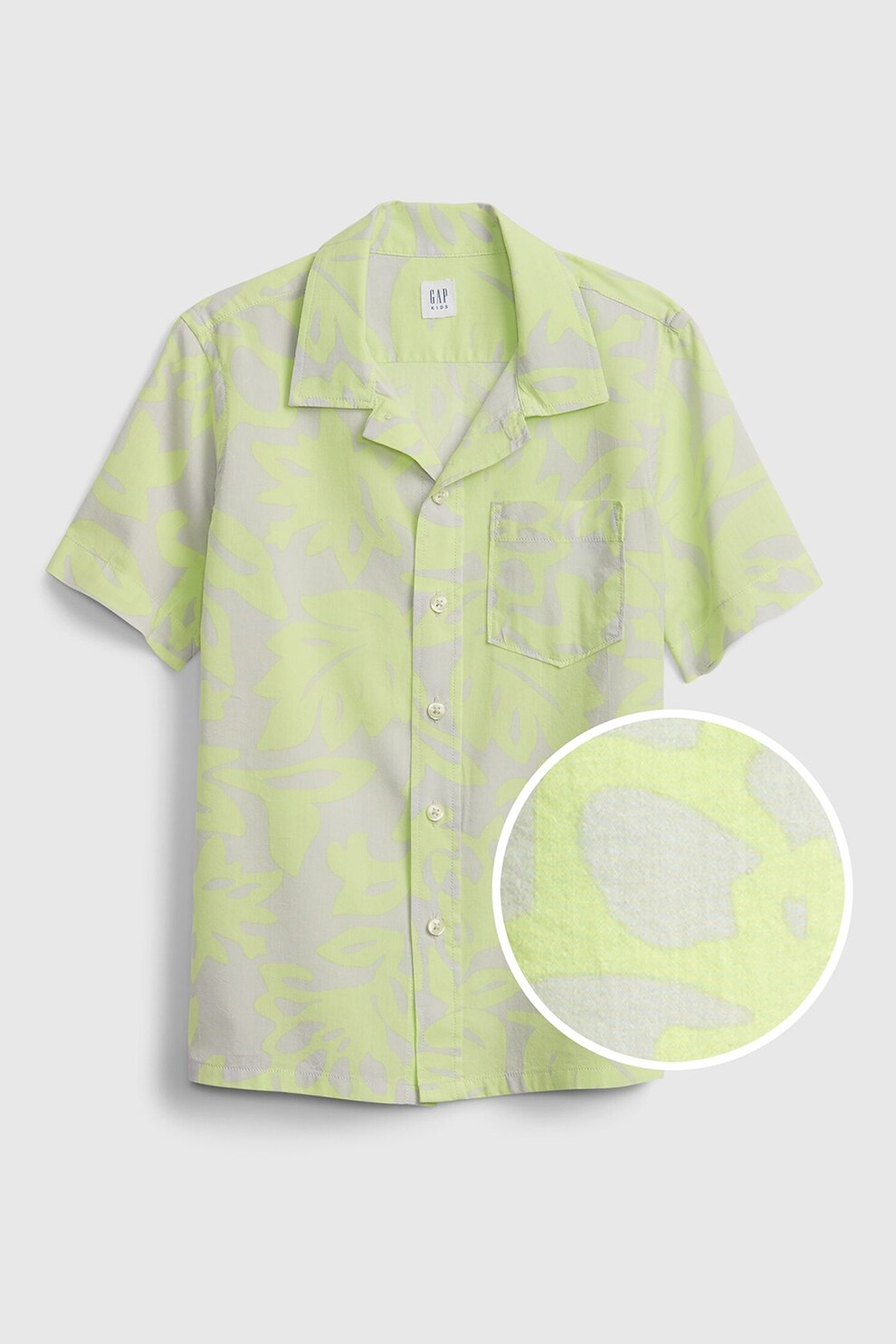 GAP, Camasa cu imprimeu vegetal si maneci scurte, Verde lime/Gri deschis