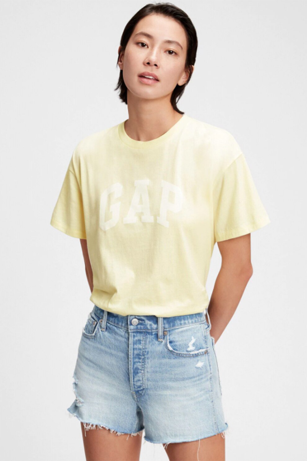 GAP, Tricou cu decolteu rotund si imprimeu logo, Galben