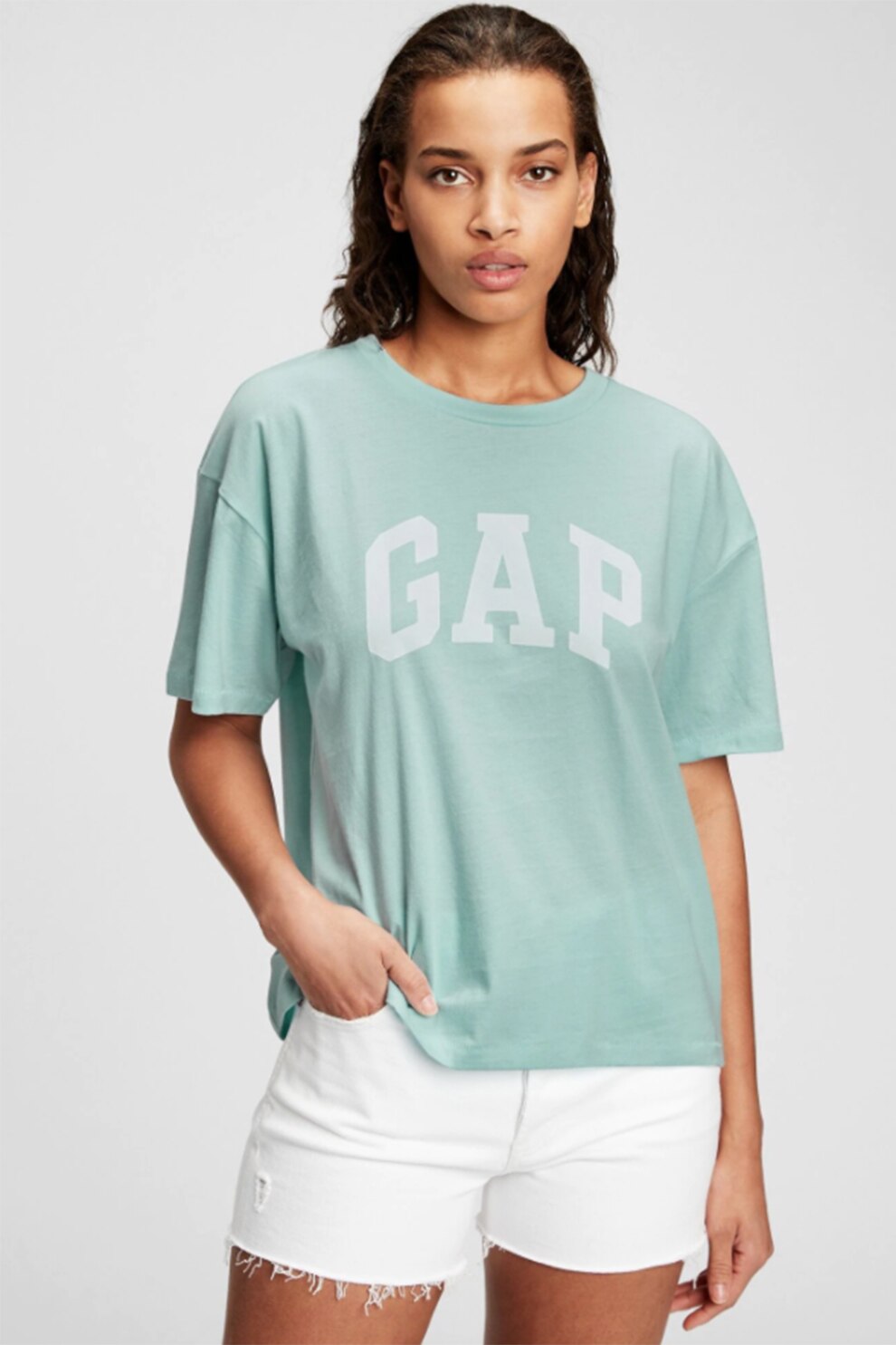 GAP, Tricou cu decolteu rotund si imprimeu logo, Verde persan