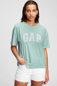 GAP, Tricou cu decolteu rotund si imprimeu logo, Verde persan GAP, Tricou cu decolteu rotund si imprimeu logo, Verde persan