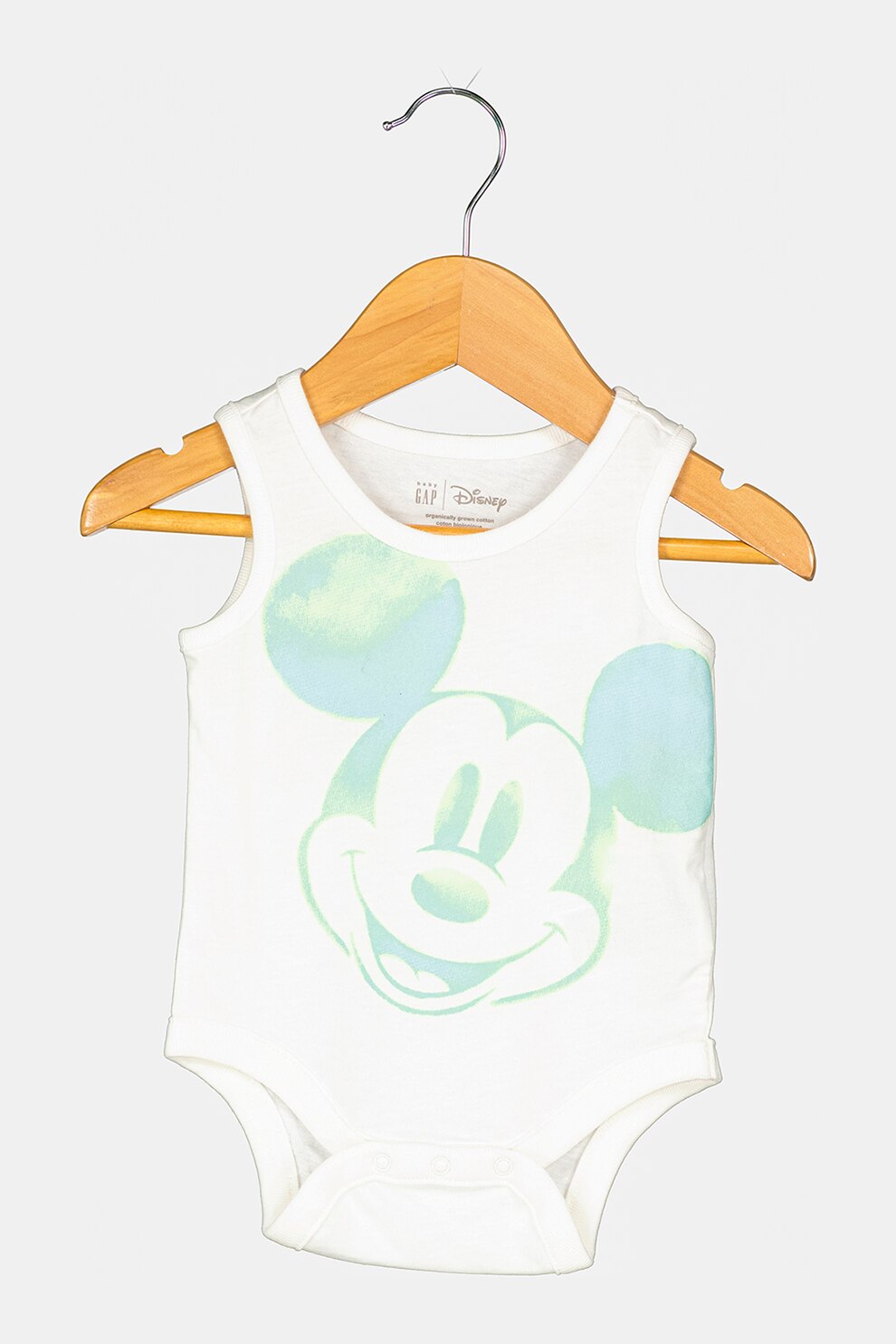 GAP, Body de bumbac organic cu Mickey Mouse, Alb/verde, 50 CM
