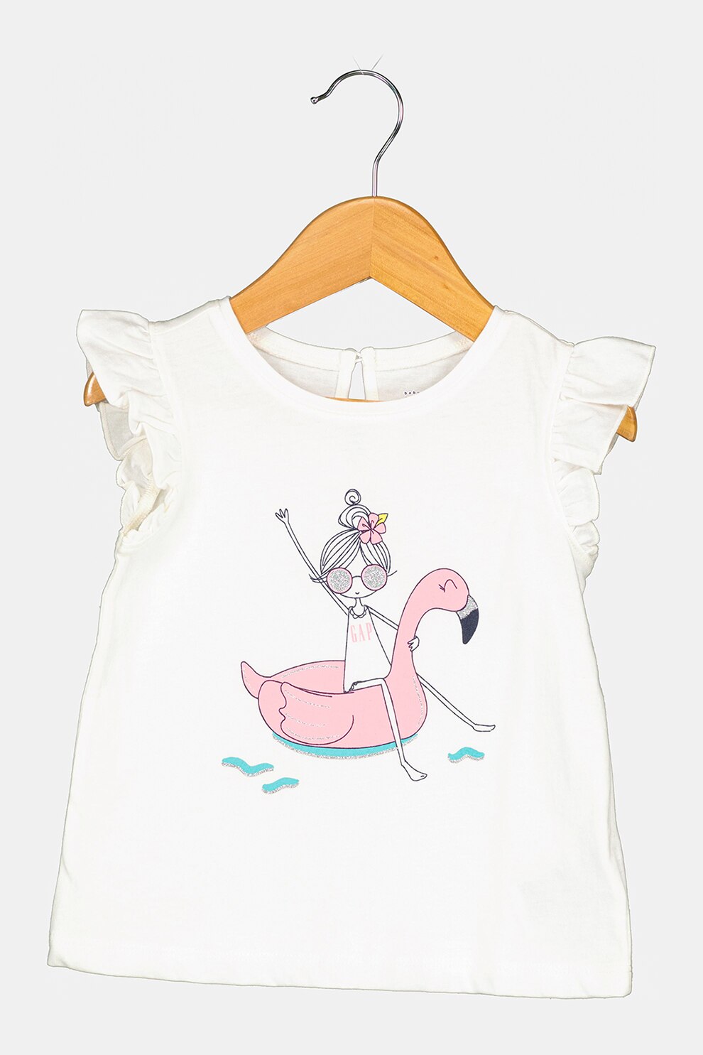 GAP, Tricou de bumbac cu maneci fluture, Alb/Roz/Argintiu