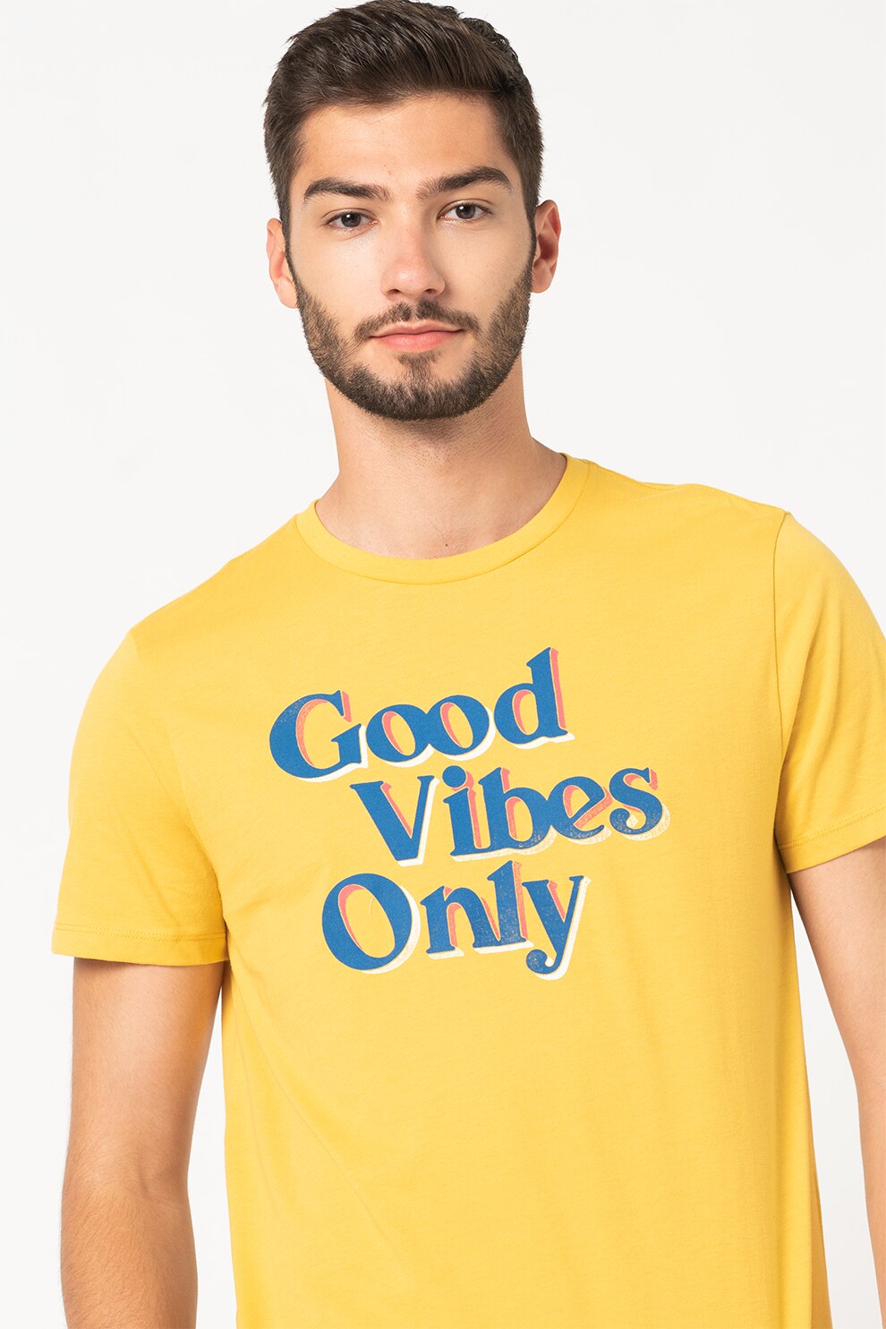GAP, Tricou cu decolteu rotund si imprimeu text, Galben sofran/Albastru, 2XL